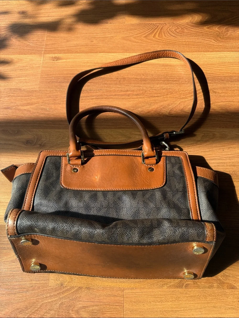 Michael Kors Brown and Tan Signature Satchel with Gold Hardware